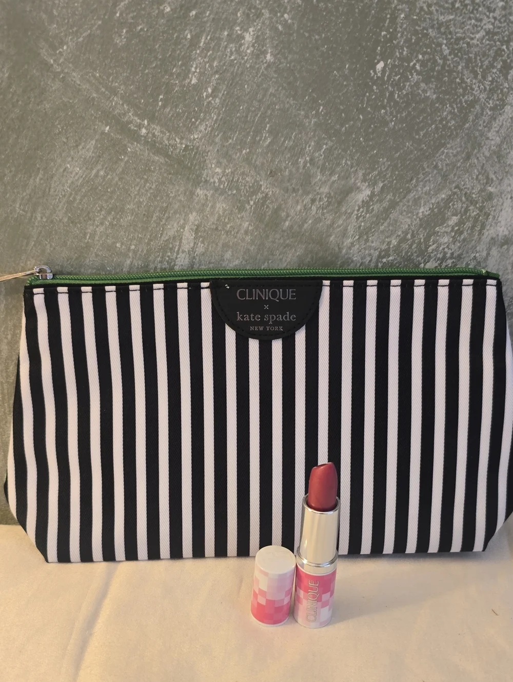 Clinique x Kate Spade Black & White Striped Cosmetic Pouch & Lipstick Love Pop